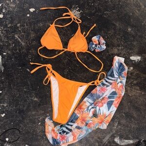 PatPat Bright Orange Tie Triangle Bikini with Floral Sarong & Scrunchie